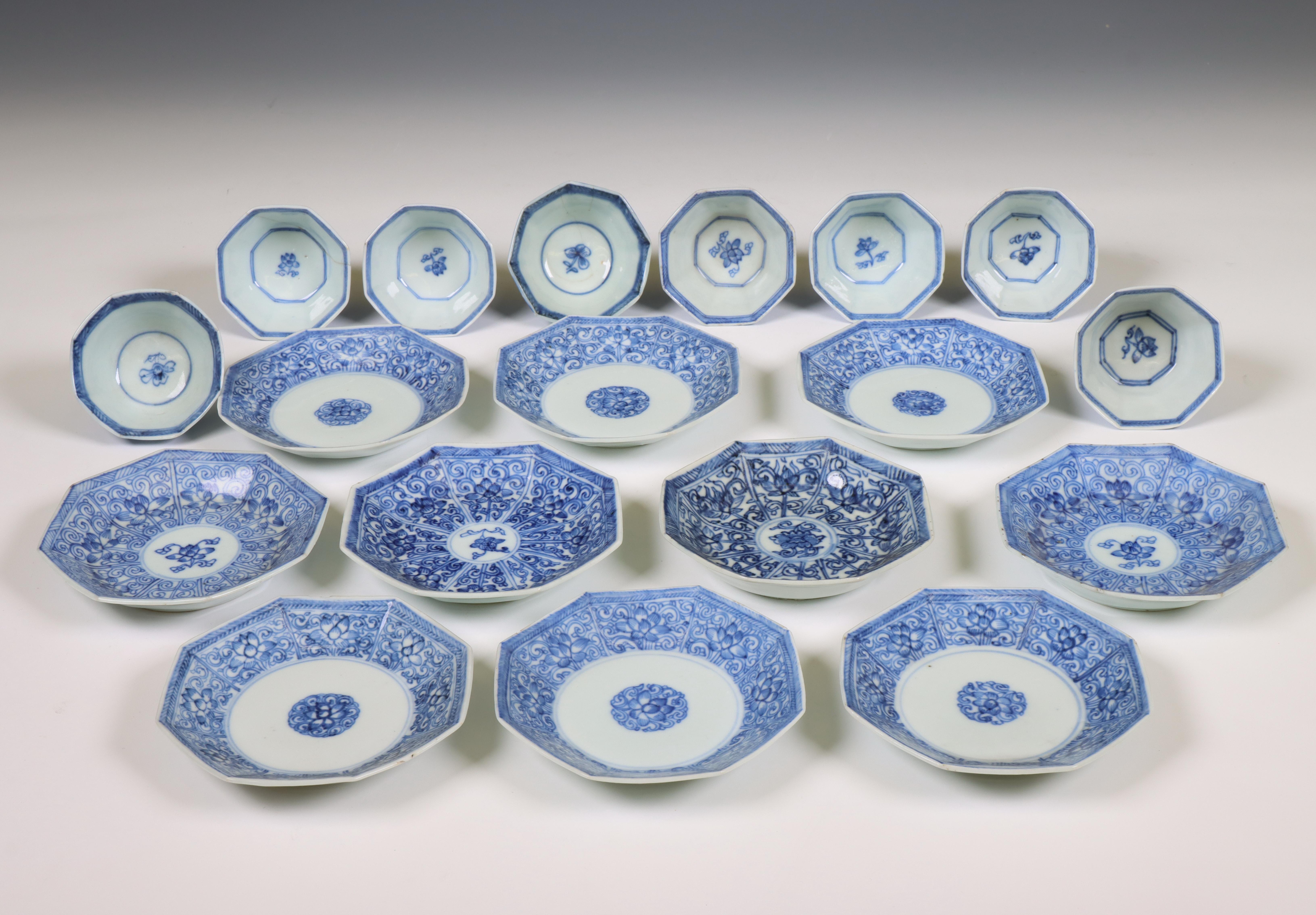 China, a set of blue and white porcelain octagonal 'lotus' cups and two sets of saucers, 18th centur - Image 4 of 4