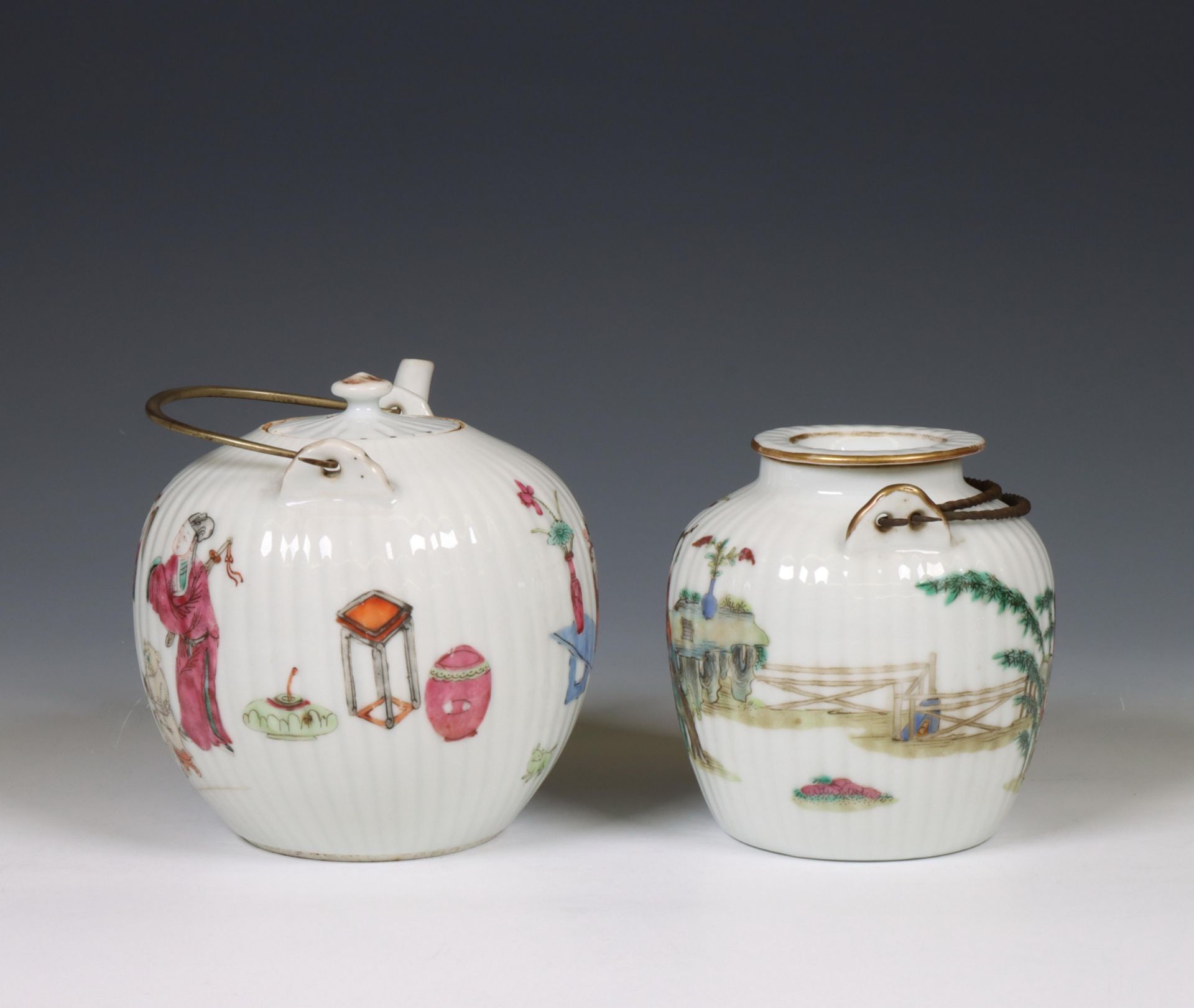 China, two famille rose porcelain ribbed teapots, 19th-20th century, - Image 3 of 4