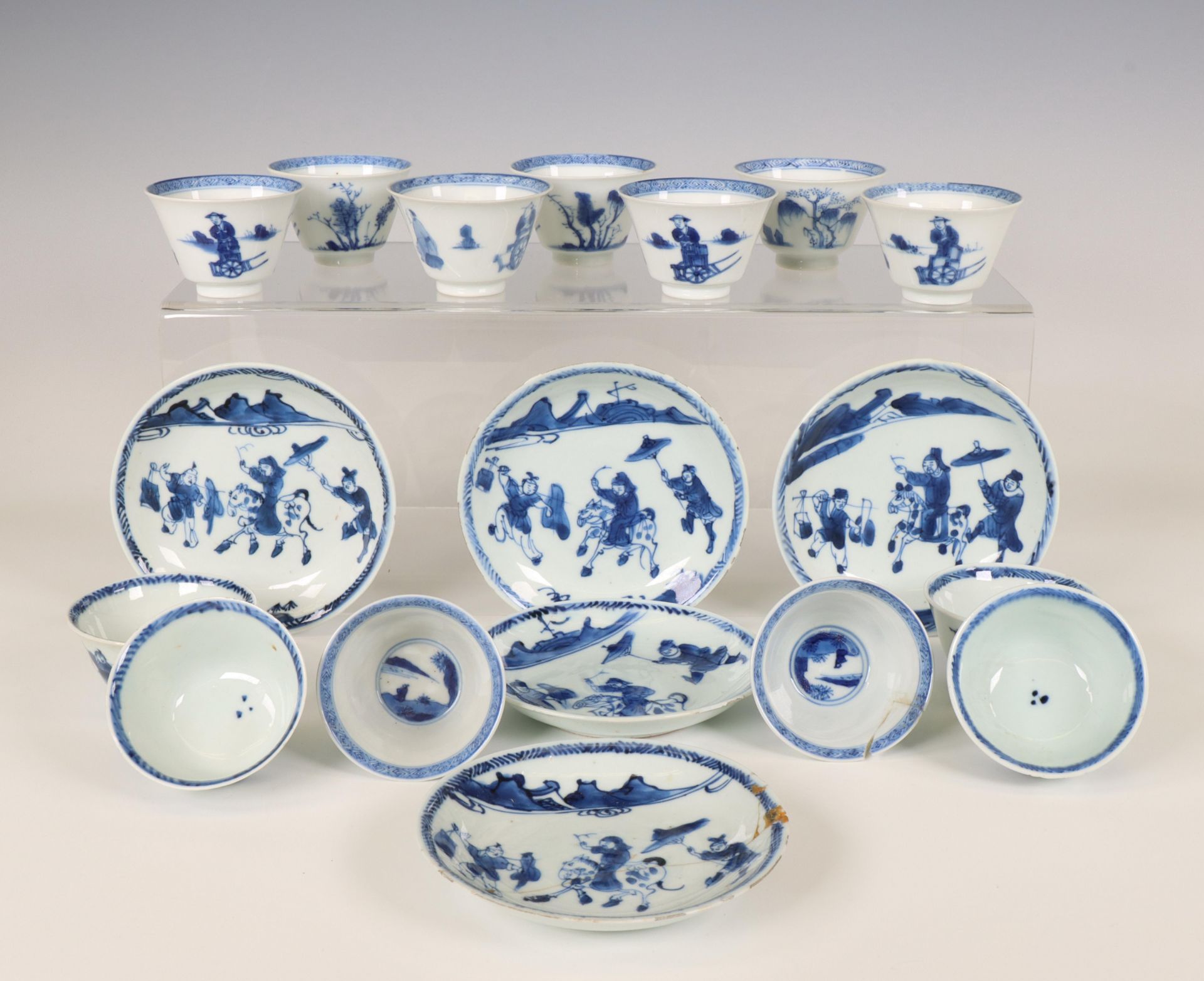 China, collection of blue and white porcelain cups and saucers, mainly 18th century,