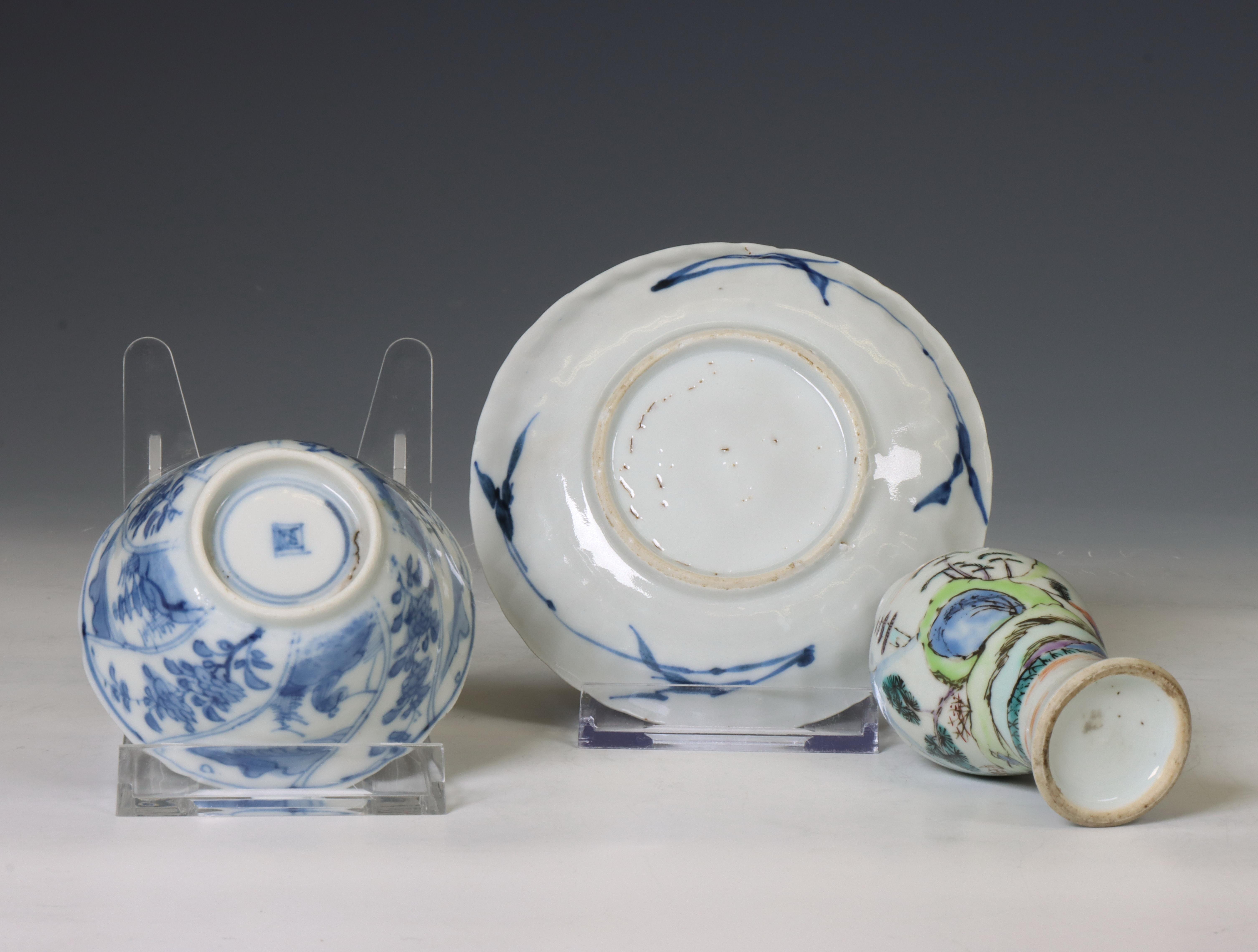 China, a blue and white tea bowl, a saucer and a famille verte miniature vase, 18th-19th century, - Image 3 of 3