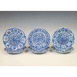 China, set of six blue and white porcelain plates, 18th century,