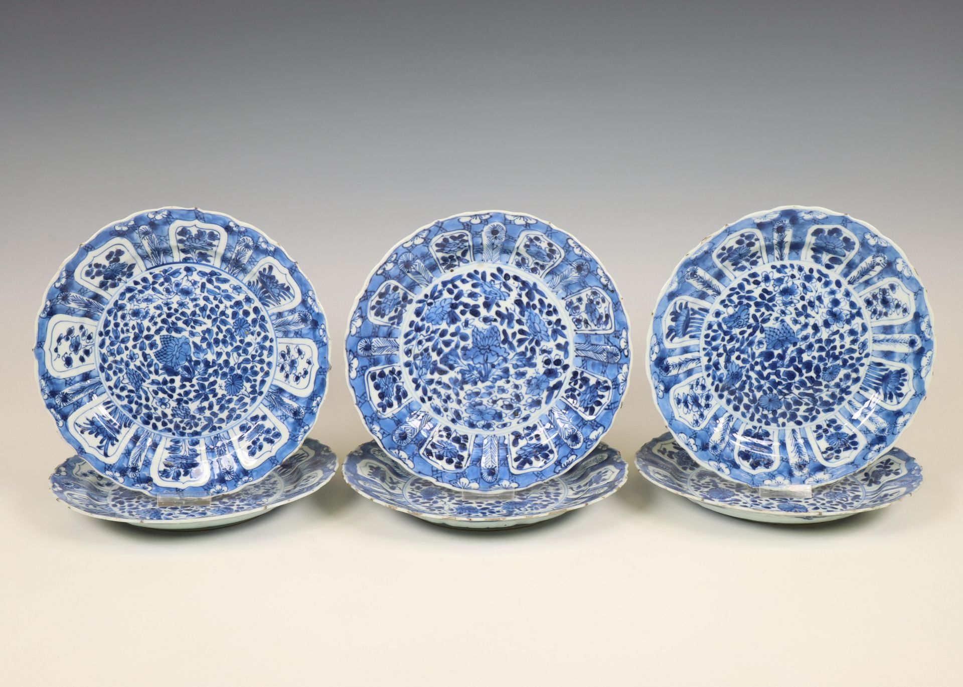 China, set of six blue and white porcelain plates, 18th century,