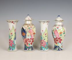 China, four-part famille rose 'tobacco leaf' porcelain garniture, 19th century,
