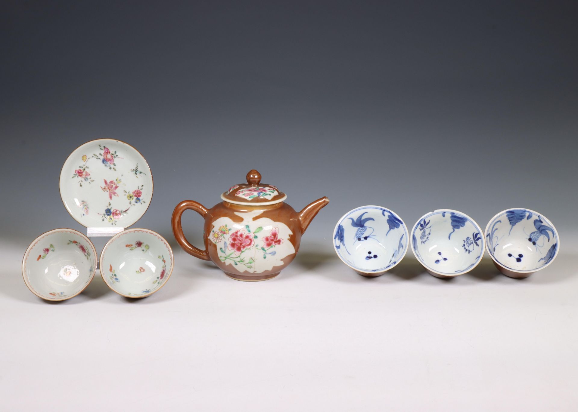 China, a small collection of café-au-lait-ground famille rose porcelain tea ware, 18th century, - Image 3 of 3