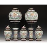 Samson, famille rose porcelain five-part garniture and a pair of jars and covers, 20th century,