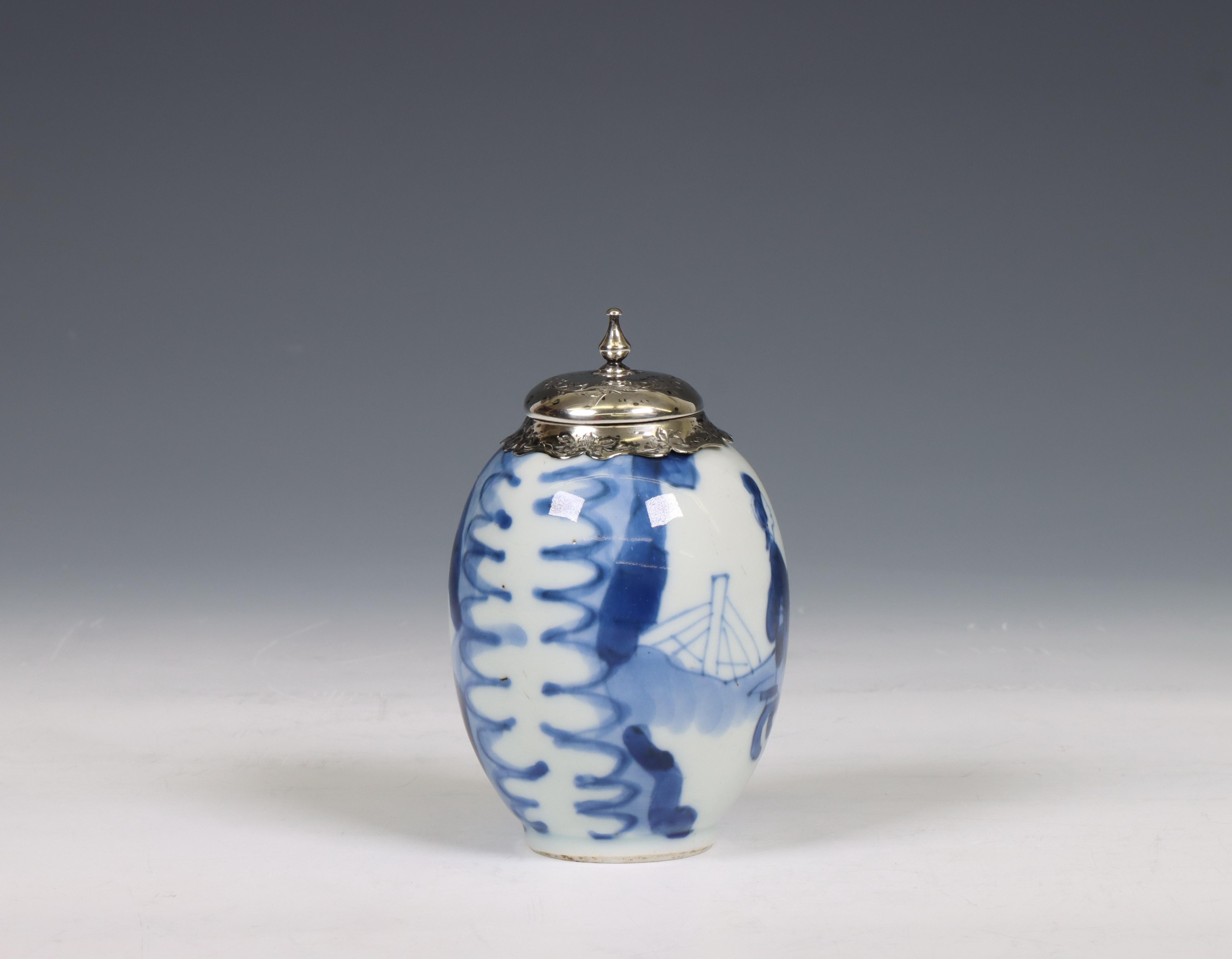 China, a silver-mounted blue and white porcelain jarlet, Kangxi period (1662-1722), the silver later - Image 2 of 5