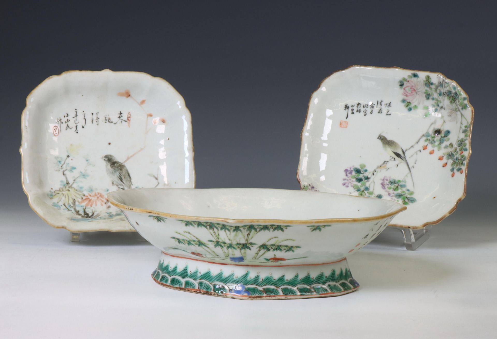 China, three famille rose porcelain tazza's, 20th century, - Image 2 of 2