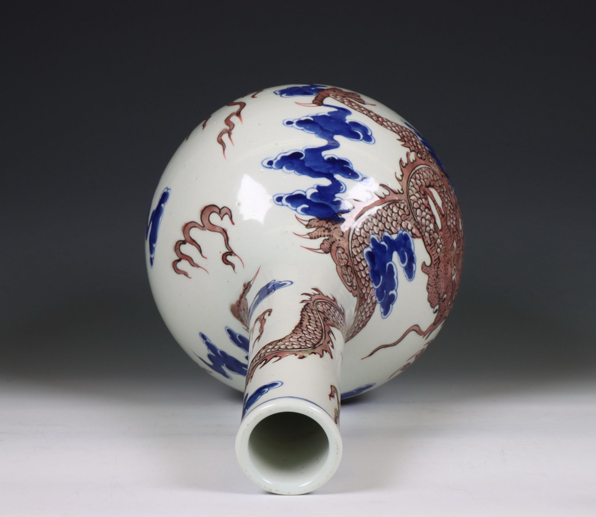 China, a blue and white and iron-red porcelain 'dragon' bottle vase, 20th century, - Image 3 of 5