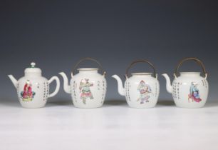 China, four famille rose porcelain 'Wu Shuang Pu' barrel-shaped teapots and covers, 19th century,