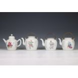 China, four famille rose porcelain 'Wu Shuang Pu' barrel-shaped teapots and covers, 19th century,