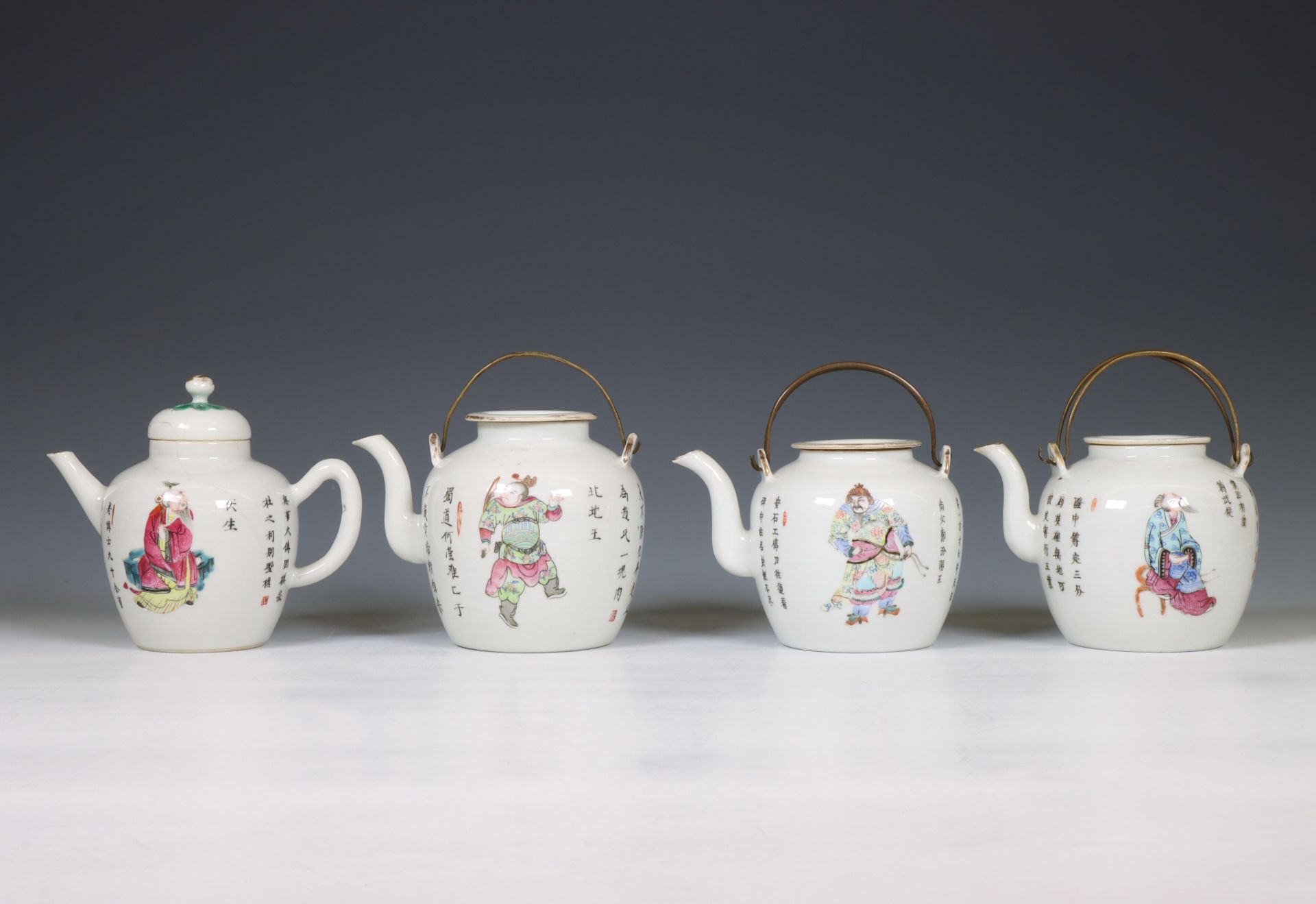 China, four famille rose porcelain 'Wu Shuang Pu' barrel-shaped teapots and covers, 19th century,