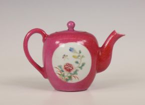 China, a famille rose sgraffito pink-ground porcelain teapot and cover, 20th century,