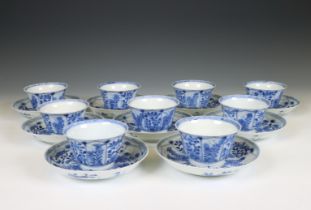China, set of nine blue and white cups and saucers, 19th century,