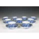 China, set of nine blue and white cups and saucers, 19th century,