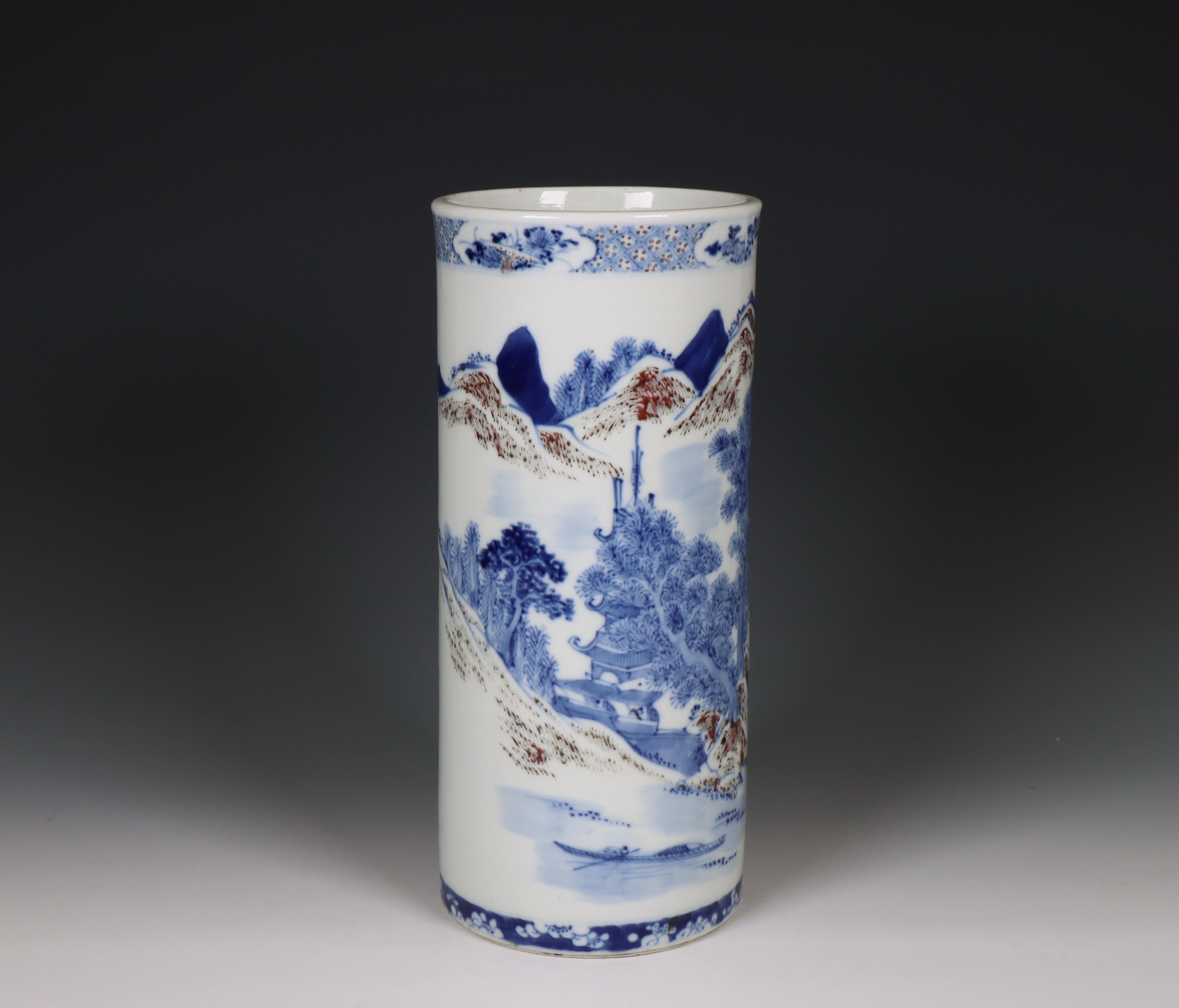 China, a blue and white and iron-red porcelain 'landscape' vase, 20th century, - Image 2 of 2