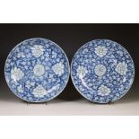 China, pair of blue and white porcelain dishes, 19th century,