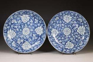 China, pair of blue and white porcelain dishes, 19th century,
