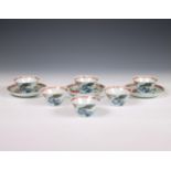 China, a set of six famille rose porcelain cups and three saucers, Qianlong period (1736-1795),