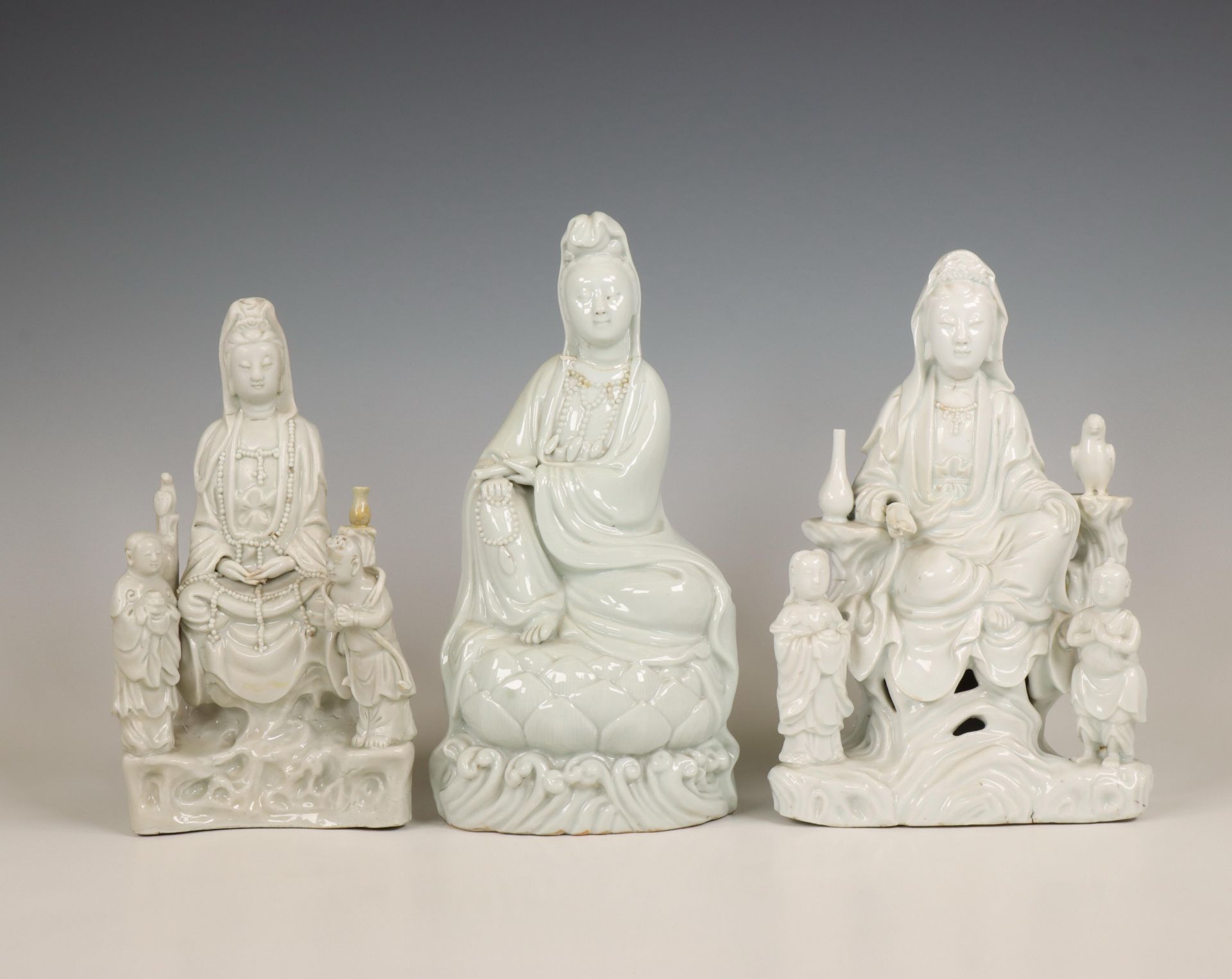 China, three Dehua porcelain figures of Guanyin, 20th century,