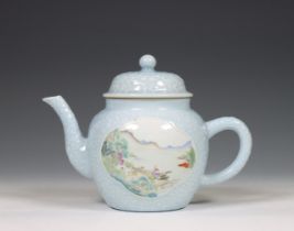 China, a claire-de-lune-ground famille rose porcelain moulded teapot and cover, 19th century,