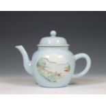 China, a claire-de-lune-ground famille rose porcelain moulded teapot and cover, 19th century,