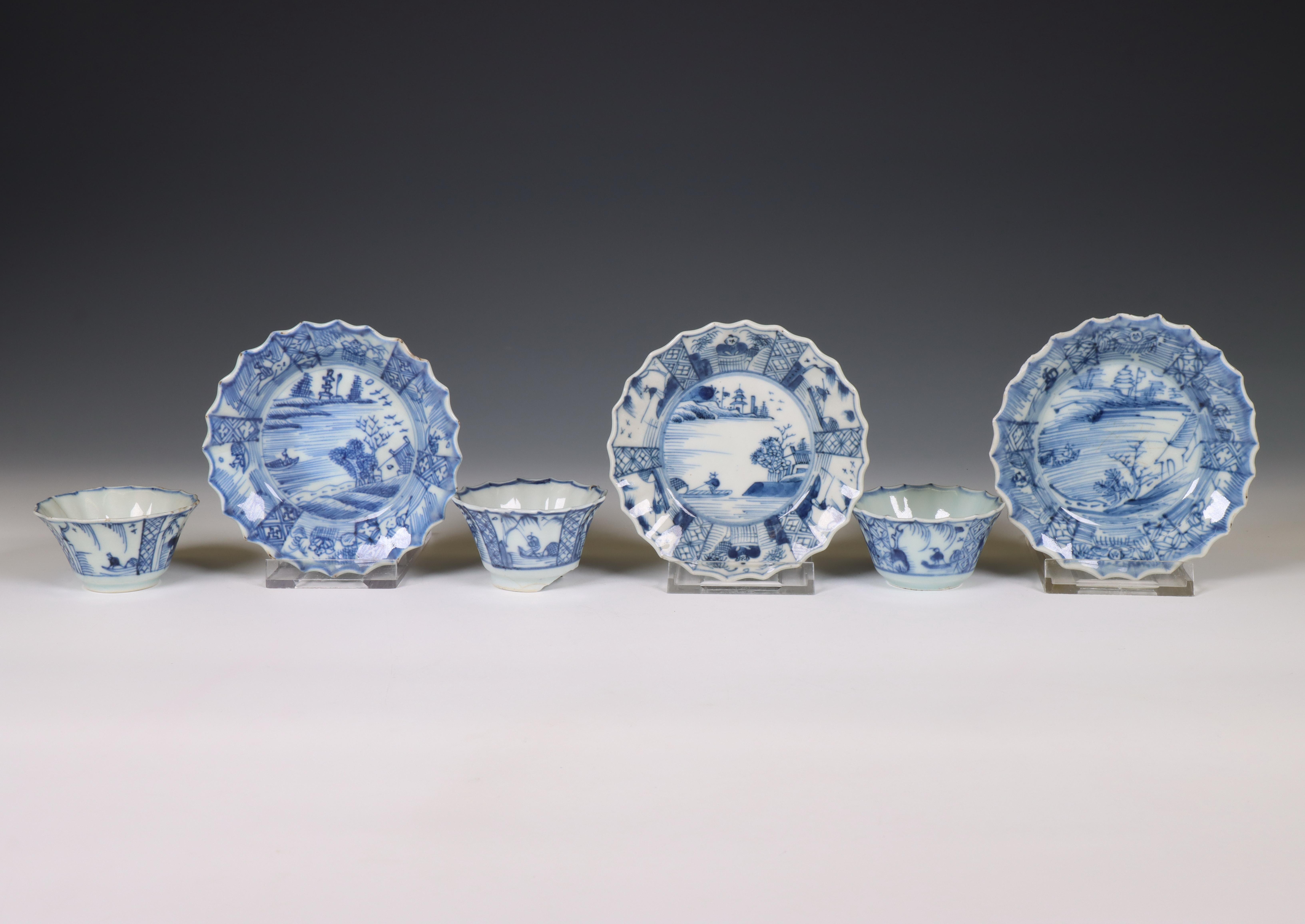 China, a set of three blue and white porcelain 'fisherman' cups and saucers, 18th century, - Image 3 of 3