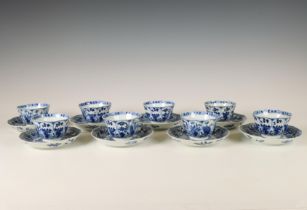 China, a set of eight blue and white porcelain cups and saucers, Kangxi period (1662-1722),