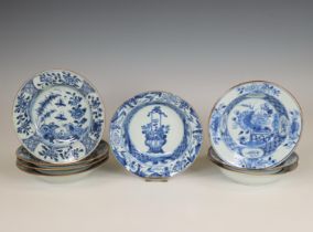 China, eight blue and white porcelain deep saucer dishes, late 18th century,