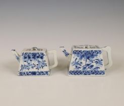 China, two blue and white porcelain rectangular teapots and covers, 18th century,