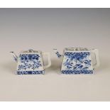 China, two blue and white porcelain rectangular teapots and covers, 18th century,