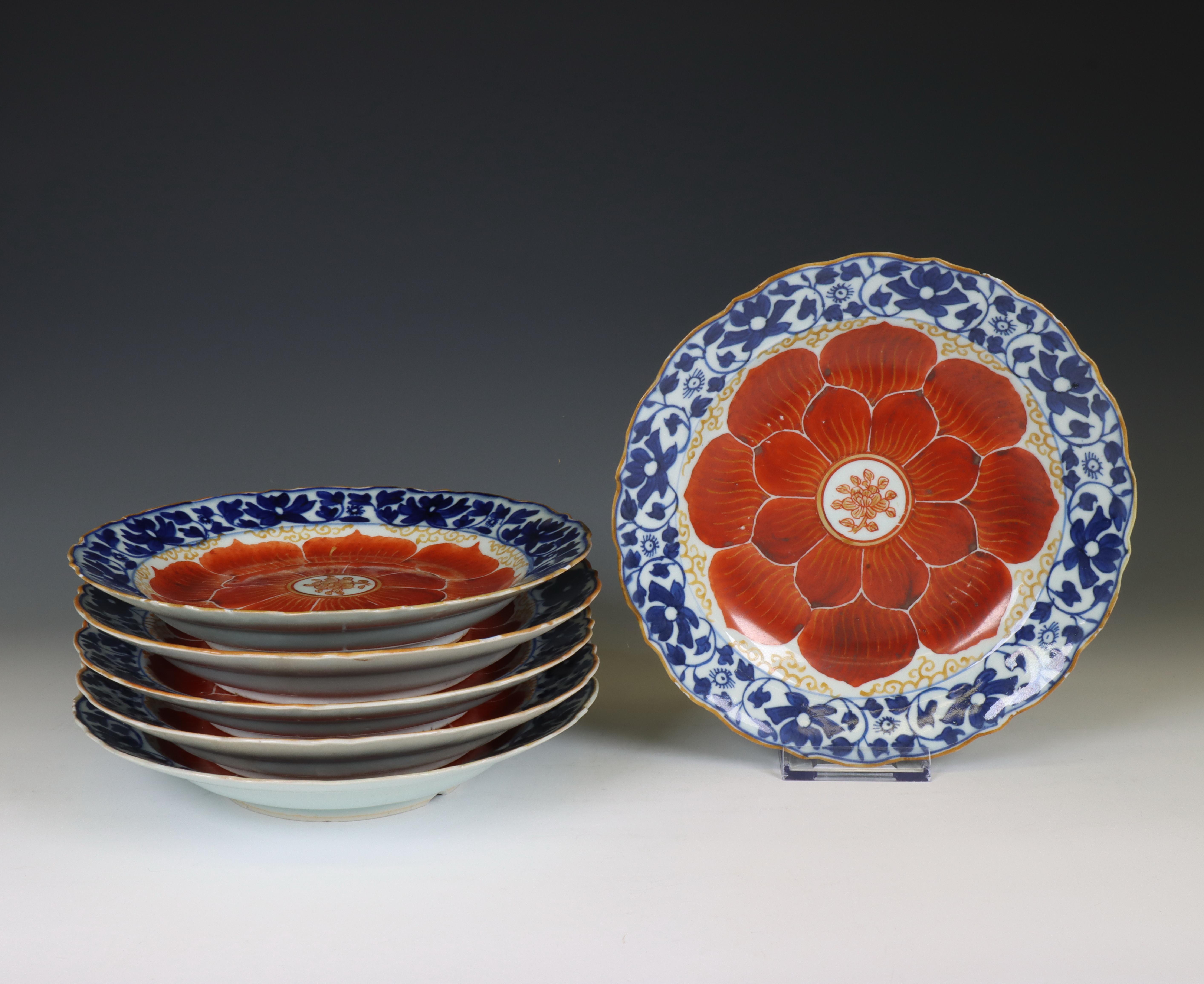 China, set of six blue and white and iron-red porcelain 'lotus' plates, late 18th/ 19th century,