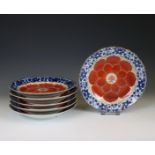 China, set of six blue and white and iron-red porcelain 'lotus' plates, late 18th/ 19th century,