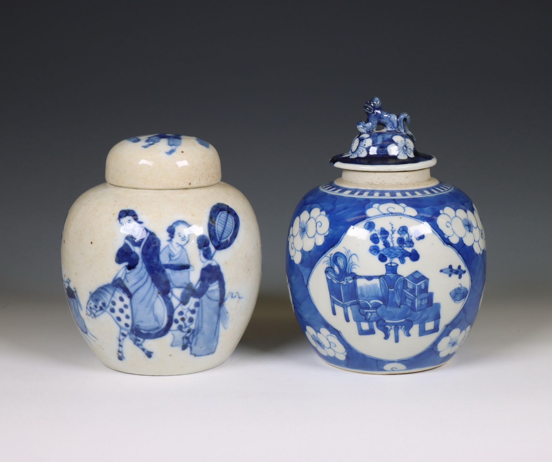 China, two blue and white porcelain ginger jars and covers, 19th-20th century,