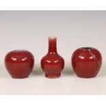 China, three small copper-red-glazed vases, 19th/ 20th century,