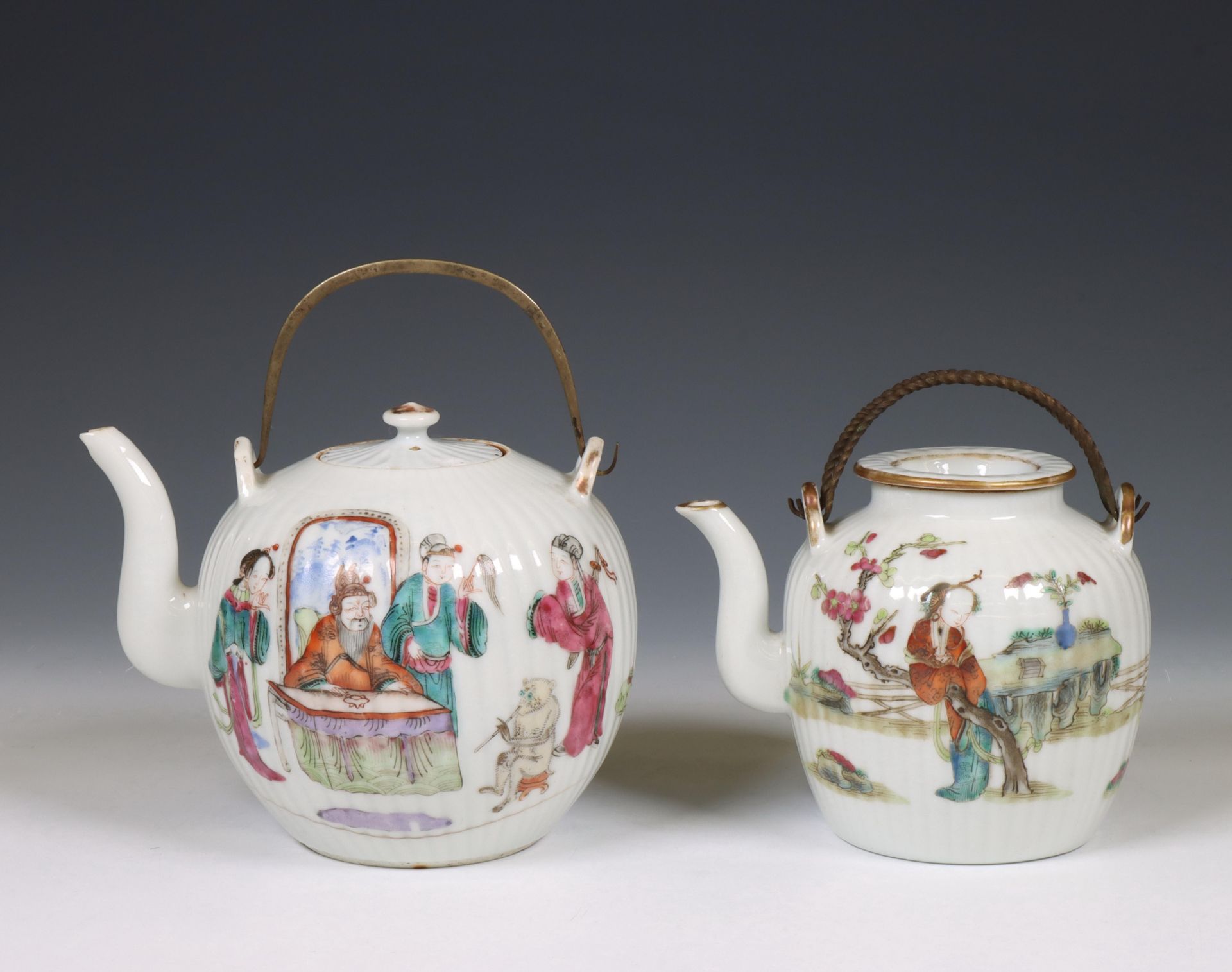 China, two famille rose porcelain ribbed teapots, 19th-20th century,