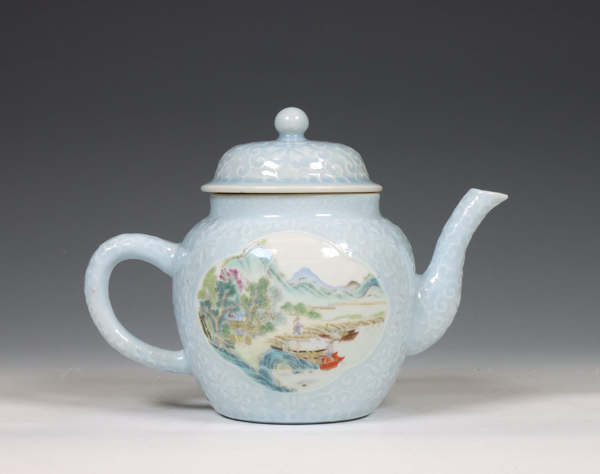 China, a claire-de-lune-ground famille rose porcelain moulded teapot and cover, 19th century, - Image 2 of 6