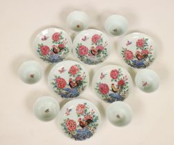 China, a set of six famille rose porcelain 'cockerel' cups and saucers, Qianlong period (1736-1795),