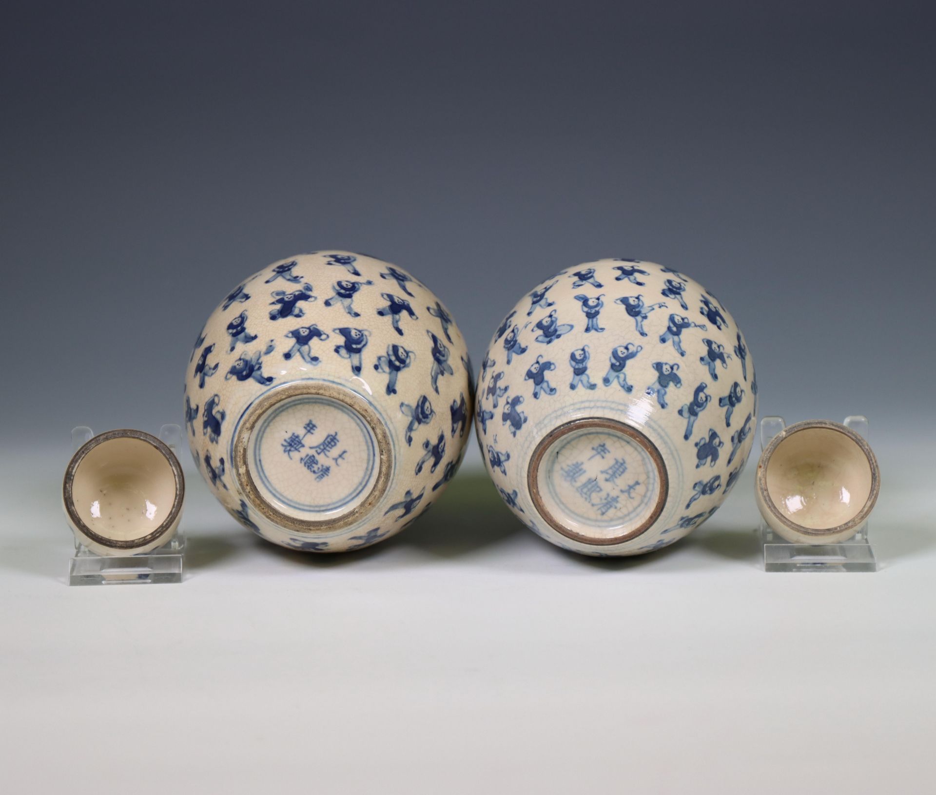 China, a pair of soft paste blue and white 'one hundred boys' jars and covers, 19th century, - Bild 5 aus 6