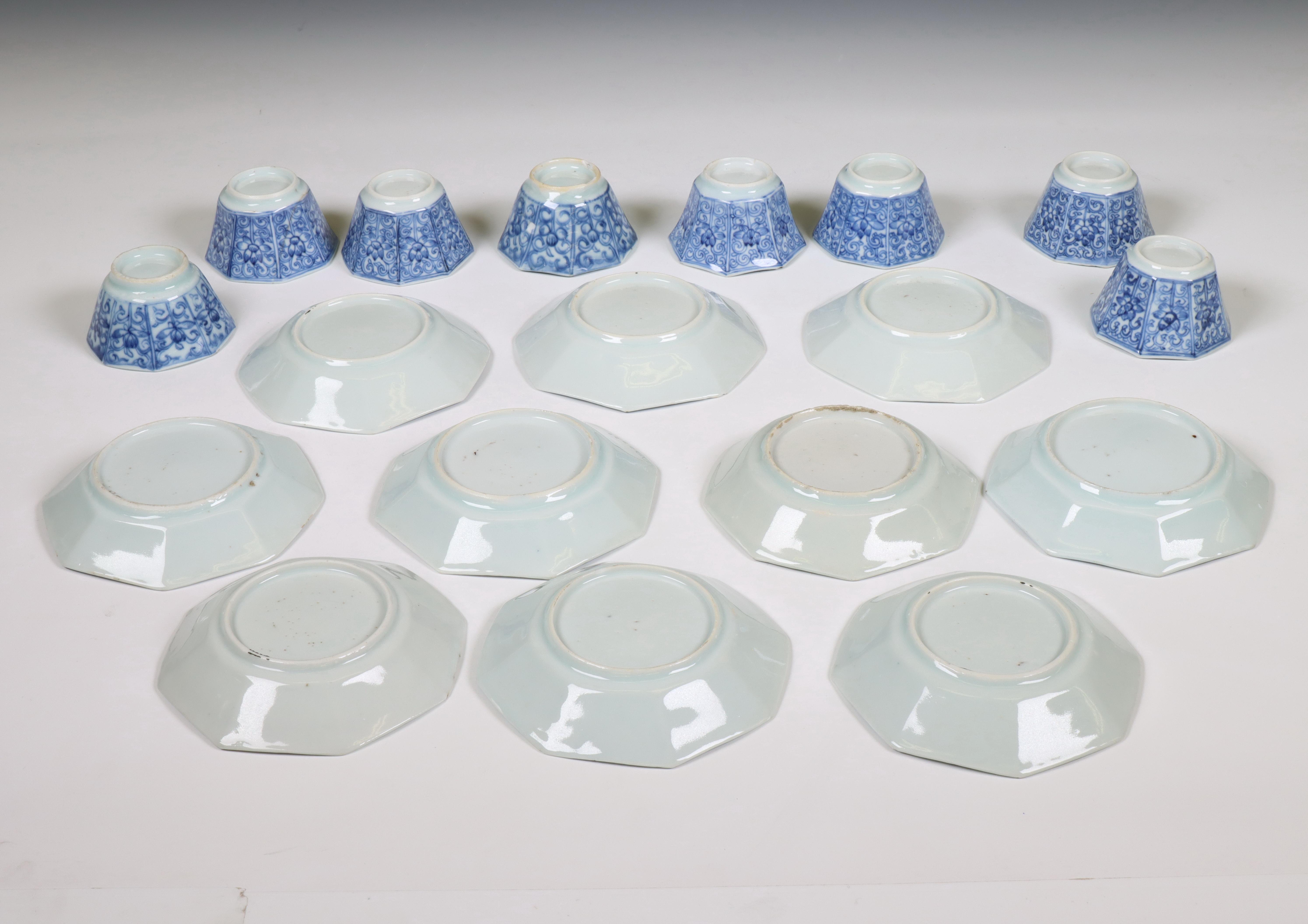 China, a set of blue and white porcelain octagonal 'lotus' cups and two sets of saucers, 18th centur - Image 2 of 4