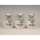 China, a set of three export porcelain 'Cherry Pickers' cups and saucers, 18th century,