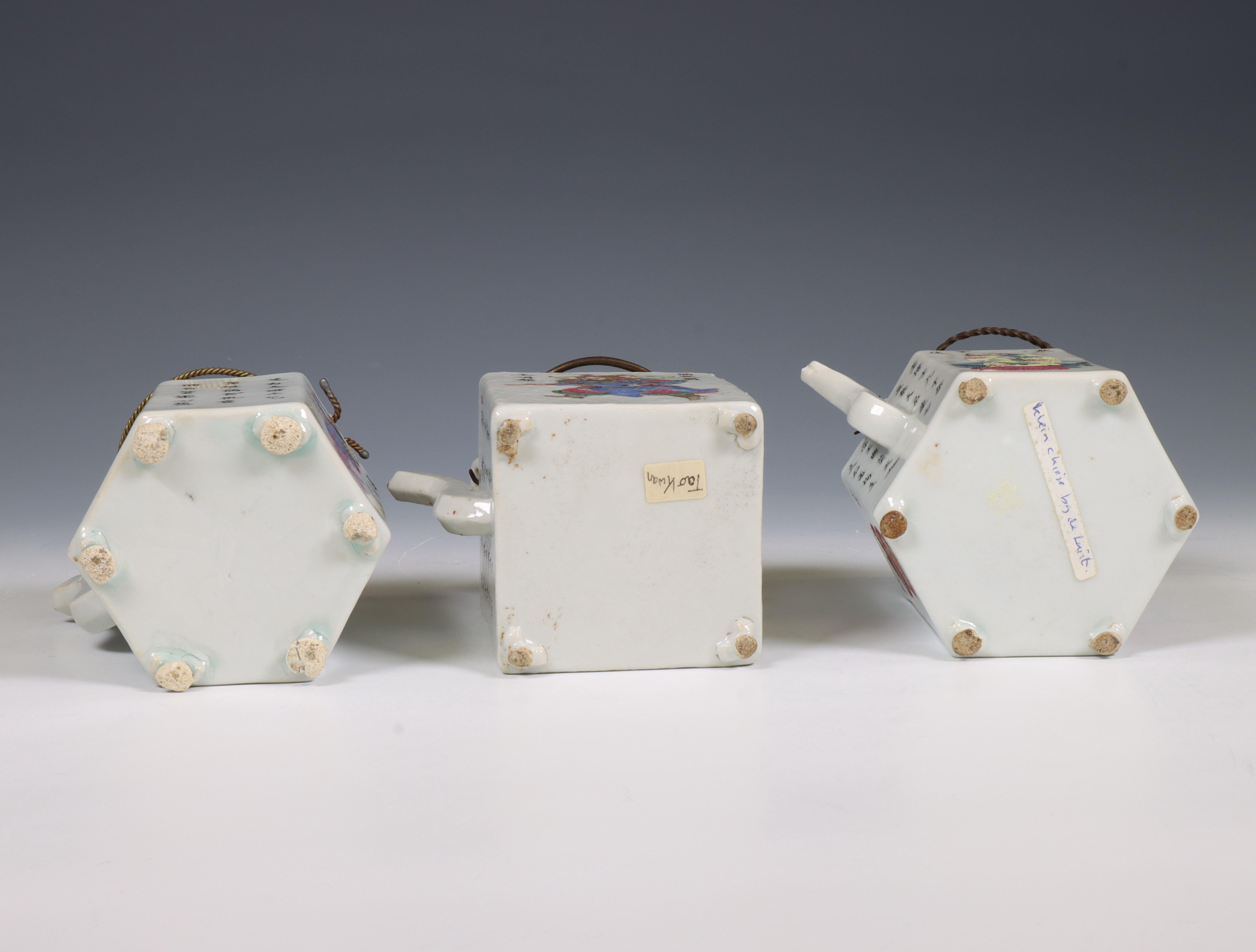 China, three famille rose porcelain 'Wu Shuang Pu' canted teapots and covers, 19th century, - Image 5 of 7