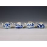 China, four small blue and white porcelain teapots, Kangxi period (1662-1722) and 18th century,