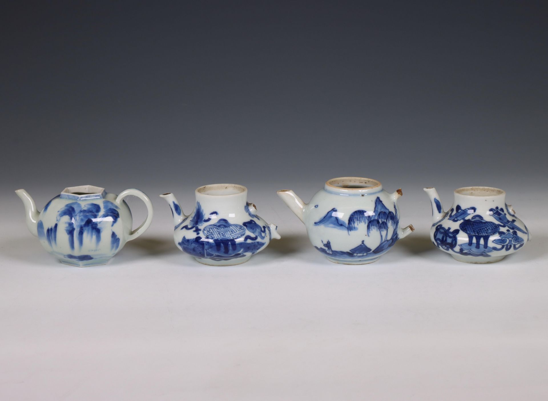 China, four small blue and white porcelain teapots, Kangxi period (1662-1722) and 18th century,