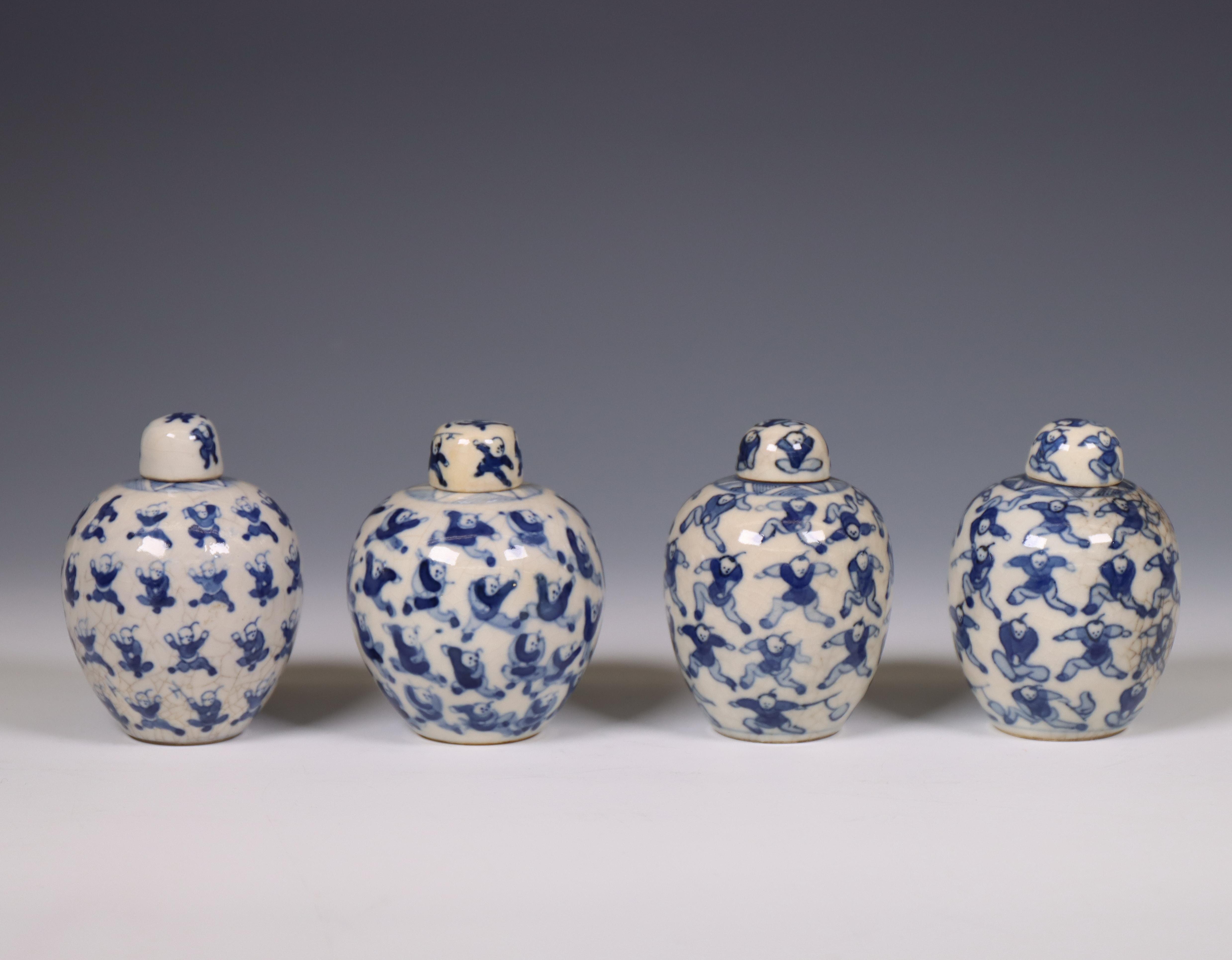 China, four soft paste blue and white 'one hundred boys' jarlets and covers, 19th century, - Image 5 of 11