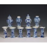 China, two blue and white porcelain miniature garnitures, 18th/ 19th century,