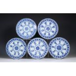 China, set of five blue and white porcelain plates, Kangxi period (1662-1722),