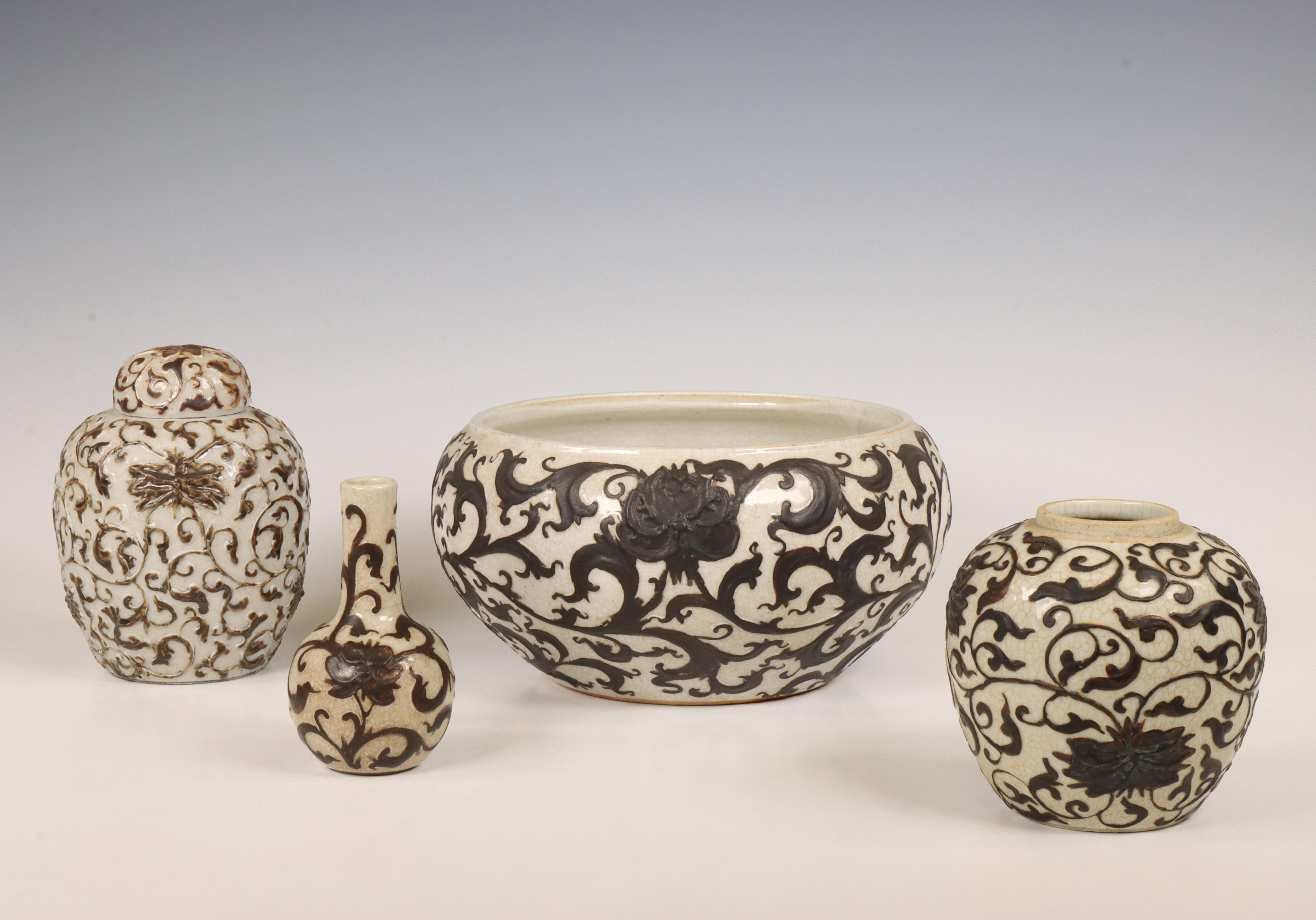 China, a small collection of crackle-glazed 'lotus' vases and bowls, 19th century,