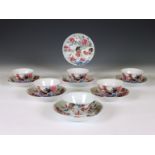 China, an associated set of six famille rose porcelain 'cockerel' cups and seven saucers, 18th/ 19th