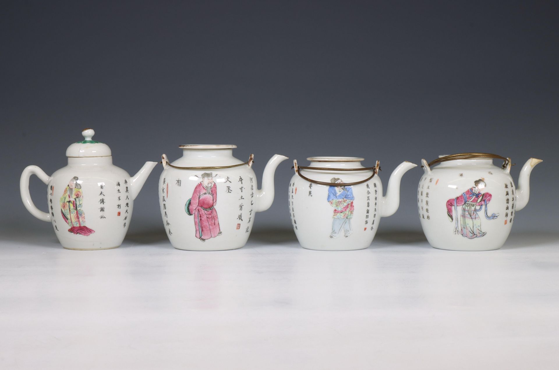 China, four famille rose porcelain 'Wu Shuang Pu' barrel-shaped teapots and covers, 19th century, - Image 2 of 7