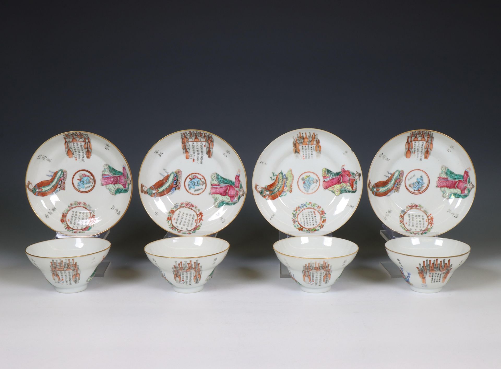 China, a collection of famille rose porcelain 'Wu Shuang Pu' cups and saucers, 19th century, - Bild 3 aus 6